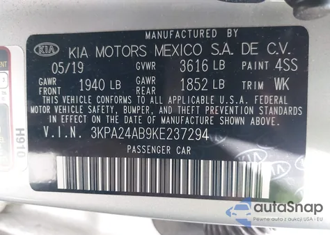 2019 Kia Rio S z USA, uszkodzony, nr VIN 3KPA24AB9KE237294